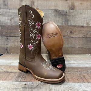 Woman's Western Cowgirl Rodeo Genuine Leather Tang with Pink Flowers Boots